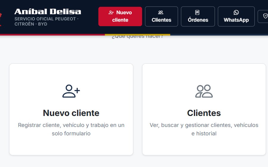 Sistema de gestión del taller Aníbal Delisa: nuevo cliente, clientes, órdenes y WhatsApp